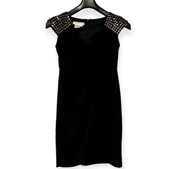 MAGGY LONDON Black Studded Faux Wrap Front Fitted Dress Size 4P - Picture 1 of 7